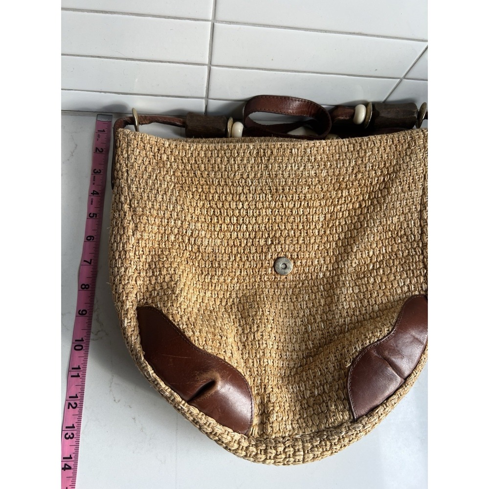 Vtg Dillards Jute Leather Trim Shoulder Handbag Women Tan Brown Lined Bag - Picture 8 of 9